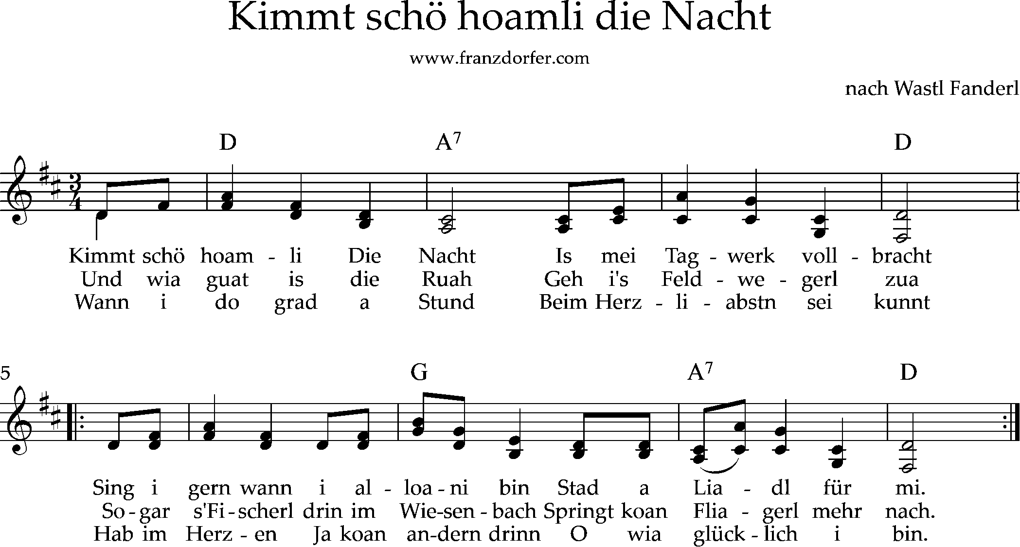 kimmt schö hoamli die Nacht, D-Dur, Akkordeonnoten Noten , 2stimmig, kimmt schö hoamli die Nacht